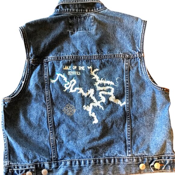 Upcycled Denim Vest, Size Medium: Painted Lake of the Ozarks Sleeveless Jacket - Picture 11 of 11
